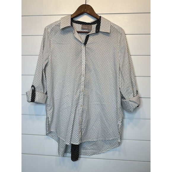 Chicos 2 Top Size 12 Large Black White Polkadot Button Down Shirt HiLow Roll Tab - Picture 2 of 10
